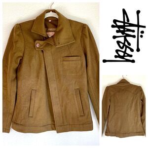 Stussy Women's Archival Camel Felted Diagonal Zipper Coat Jacket XS EUC